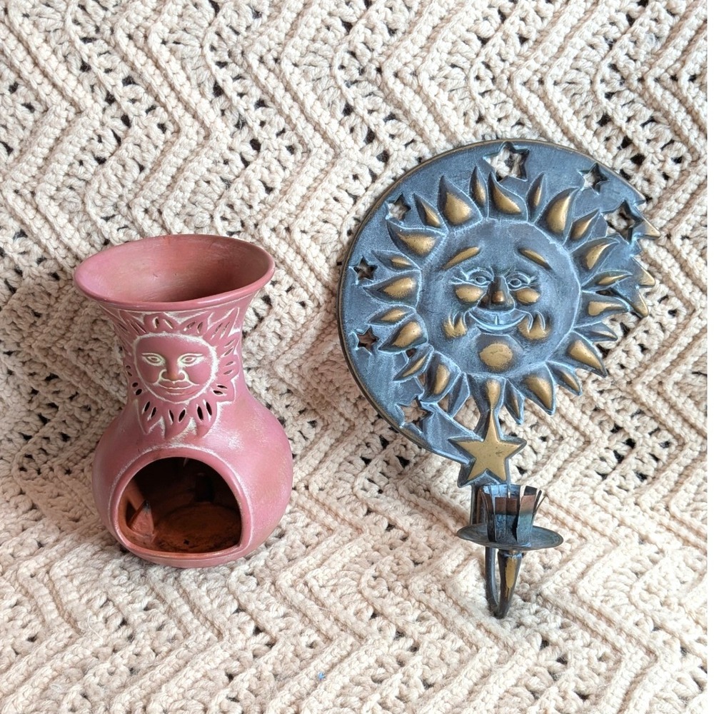 Vintage PartyLite Sun Celestial Whimsigoth Chiminea & Moon Candle Holder Set